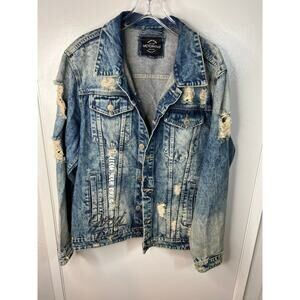 Victorious Men's Graffiti Distressed Denim Jacket Blue ~ Size L